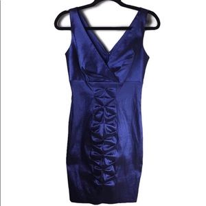 Calvin Klein Blue Metallic Surplicd Ruched Front Sheath Dress Size 4